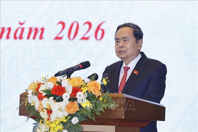 Chủ tịch Quốc hội Trần Thanh Mẫn phát động Phong trào thi đua năm 2026 và nhiệm kỳ 2026 - 2031. Ảnh: Doãn Tấn - TTXVN