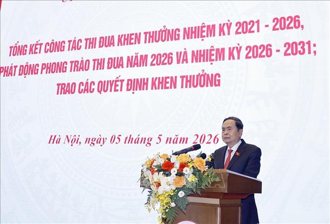 Chủ tịch Quốc hội Trần Thanh Mẫn phát động Phong trào thi đua năm 2026 và nhiệm kỳ 2026 - 2031. Ảnh: Doãn Tấn - TTXVN