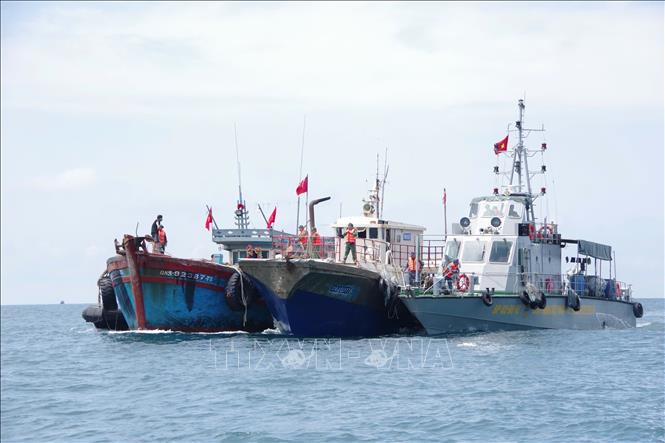 Bộ đội Biên phòng thành phố Hải Phòng hỗ trợ lai dắt tàu cá Trung quốc gặp sự cố trên biển vào âu cảng Bạch Long Vĩ. Ảnh: TTXVN phát