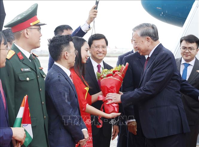 Cán bộ, nhân viên Đại sứ quán, cộng đồng người Việt Nam và lưu học sinh Việt Nam tại Ấn Độ đón Tổng Bí thư, Chủ tịch nước Tô Lâm ở sân bay quân sự Palam, thủ đô New Delhi. Ảnh: Thống Nhất – TTXVN
