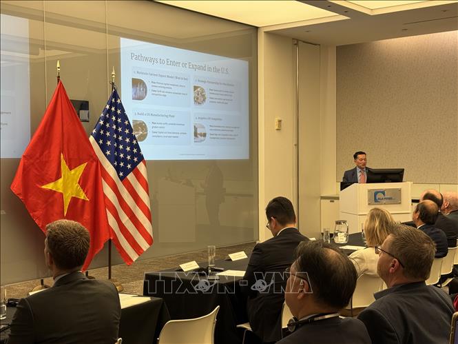 Ông Tuyên Đỗ, Giám đốc điều hành tập đoàn TVD Capital Partners chia sẻ kinh nghiệm huy động vốn với các doanh nghiệp Việt Nam. Ảnh: Đoàn Hùng - P/v TTXVN tại Mỹ