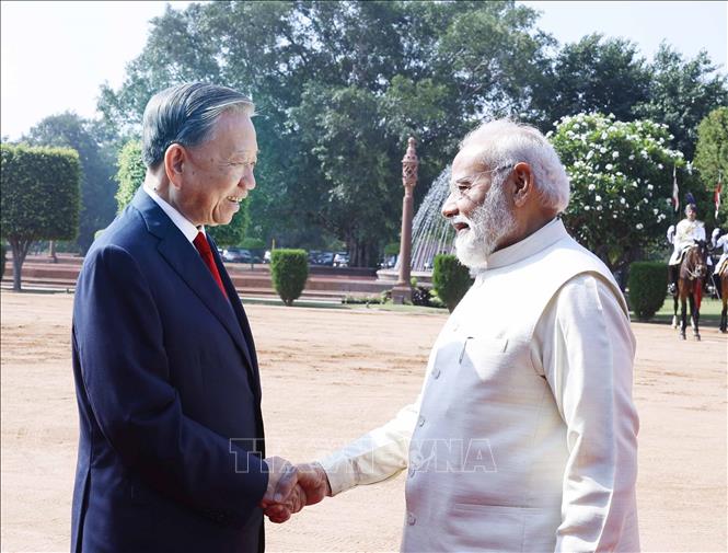 Thủ tướng Ấn Độ Narendra Modi đón Tổng Bí thư, Chủ tịch nước Tô Lâm. Ảnh: Thống Nhất – TTXVN