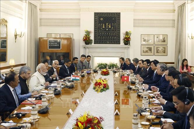Chiều 6/5/2026, tại Phủ Thủ tướng ở Thủ đô New Delhi, Tổng Bí thư, Chủ tịch nước Tô Lâm và Thủ tướng Ấn Độ Narendra Modi tiến hành hội đàm. Ảnh: Thống Nhất – TTXVN

