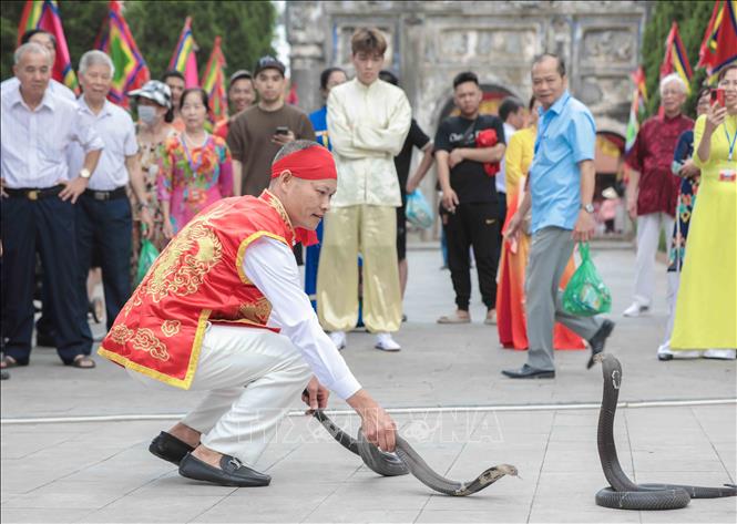 Nghệ nhân làng Lệ Mật biểu diễn màn múa rắn độc đáo, tái hiện huyền thoại chinh phục thủy quái. Ảnh: Phan Phương – TTXVN
