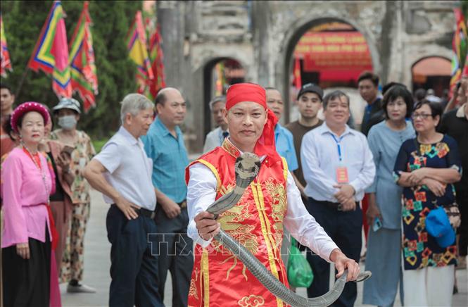Nghệ nhân làng Lệ Mật biểu diễn múa rắn độc đáo, tái hiện huyền thoại chinh phục thủy quái. Ảnh: Phan Phương – TTXVN