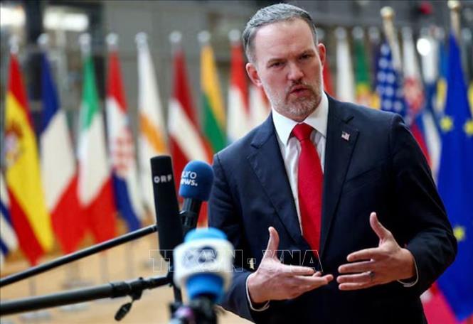 Đại diện Thương mại Mỹ Jamieson Greer trong cuộc họp báo tại Brussels, Bỉ. Ảnh: Reuters/TTXVN