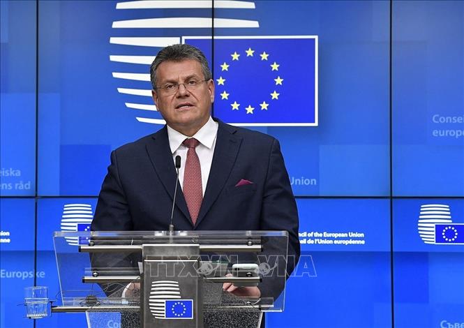 Ông Maros Sefcovic trong cuộc họp báo ở Brussels; Bỉ. Ảnh: Shutterstock/TTXVN