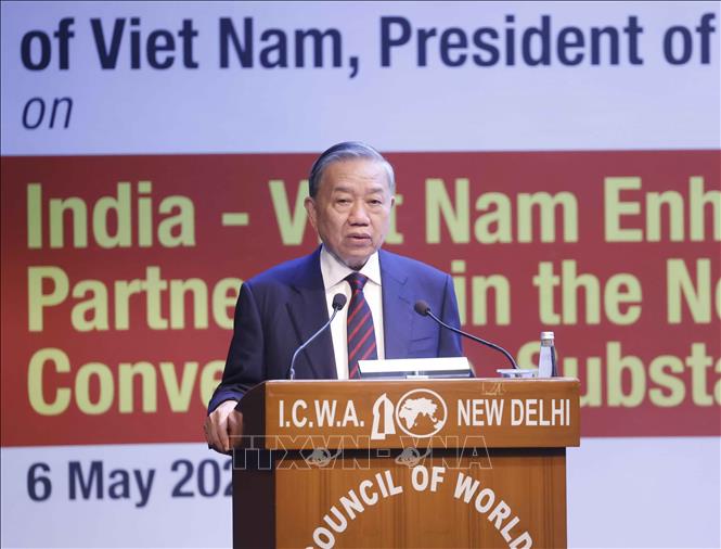 Tổng Bí thư, Chủ tịch nước Tô Lâm phát biểu chính sách tại Hội đồng các vấn đề thế giới của Ấn Độ. Ảnh: Thống Nhất – TTXVN