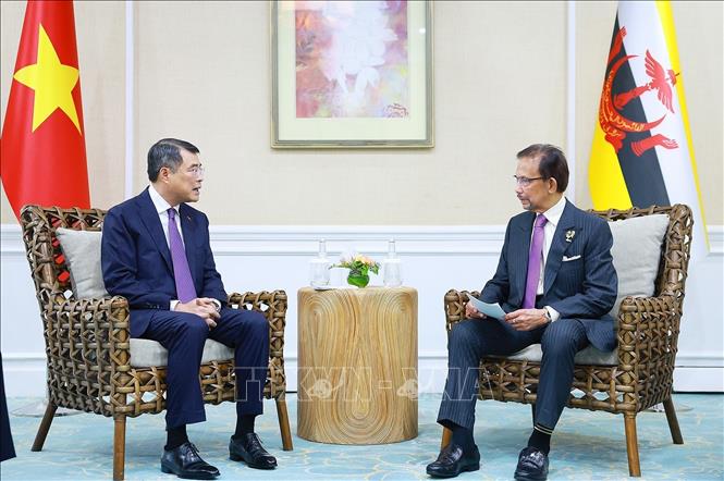 Thủ tướng Chính phủ Lê Minh Hưng gặp Quốc vương Brunei Haji Hassanal Bolkiah. Ảnh: Dương Giang – TTXVN
