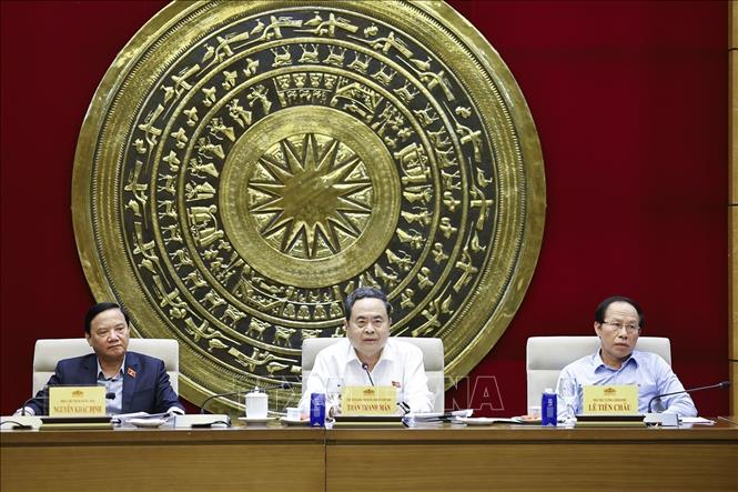 Chủ tịch Quốc hội Trần Thanh Mẫn, Trưởng ban Ban Chỉ đạo về tổng rà soát hệ thống văn bản quy phạm pháp luật phát biểu. Ảnh: Doãn Tấn - TTXVN