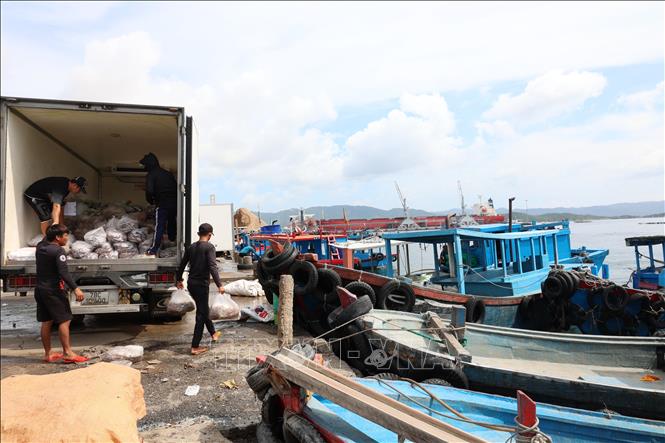Người dân đưa thức ăn tôm hùm xuống thuyền nhỏ để đưa ra vùng biển xa bờ. Ảnh: Đặng Tuấn -TTXVN 