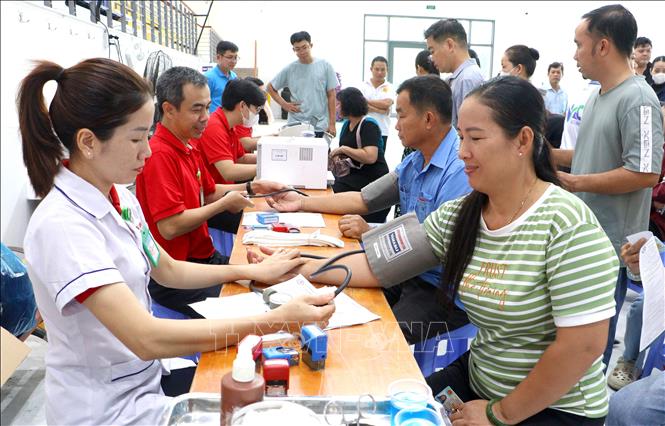 Khám sàng lọc sức khỏe cho các tình nguyện viên trước khi tham gia hiến máu. Ảnh: Lê Thúy Hằng – TTXVN

