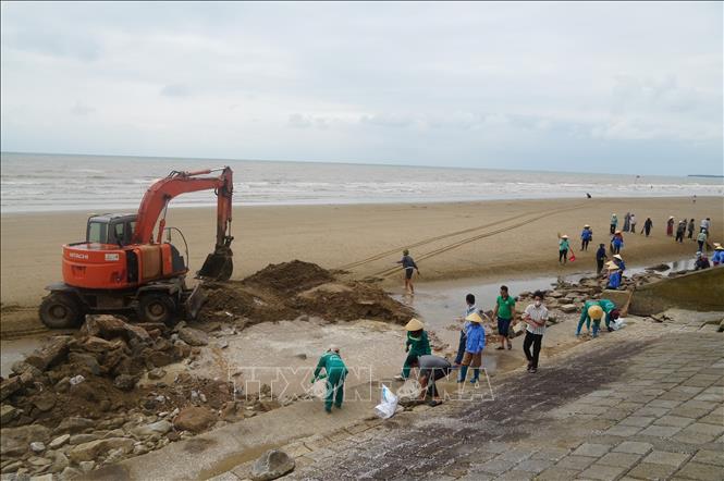 Chính quyền xã Hoằng Tiến (Thanh Hóa) cùng các doanh nghiệp dọc tuyến biển đã khẩn trương triển khai chiến dịch tổng vệ sinh môi trường quy mô lớn. Ảnh: Khiếu Tư - TTXVN