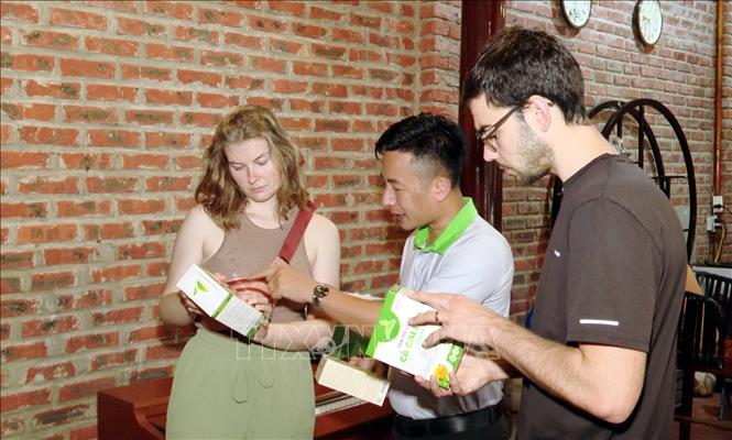 Du khách tìm hiểu thông tin các sản phẩm OCOP của tỉnh Quảng Trị ngay tại các khách sạn, nhà hàng, cơ sở lưu trú. Ảnh: Tá Chuyên - TTXVN