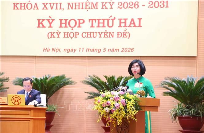 Chủ tịch HĐND thành phố Hà Nội Phùng Thị Hồng Hà phát biểu khai mạc. Ảnh: Văn Điệp – TTXVN