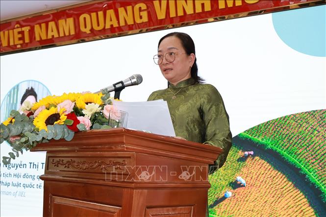 Tiến sĩ Nguyễn Thị Thu Hiền, Chủ tịch Hội đồng quản lý Viện Kinh tế và Pháp luật Quốc tế, phát biểu khai mạc Hội thảo. Ảnh: Diệu Thúy- TTXVN