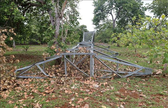 Người dân lo lắng, bức xúc khi trụ điện bị gãy đổ nửa tháng nhưng chưa có đơn vị nào xử lý, di dời. Ảnh: Đậu Tất Thành – TTXVN