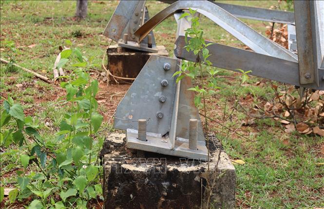 Trụ điện 110kV thuộc dự án thủy điện Đức Thành bị gãy đổ hoàn toàn sau nhiều năm không được đấu nối. Ảnh: Đậu Tất Thành – TTXVN