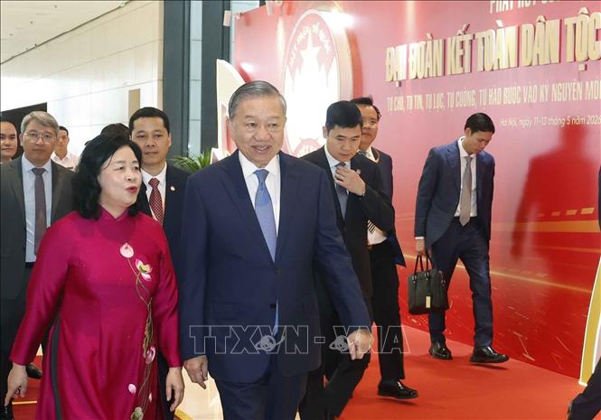 Tổng Bí thư, Chủ tịch nước Tô Lâm đến dự khai mạc Đại hội đại biểu toàn quốc MTTQ Việt Nam lần thứ XI. Ảnh: Thống Nhất – TTXVN