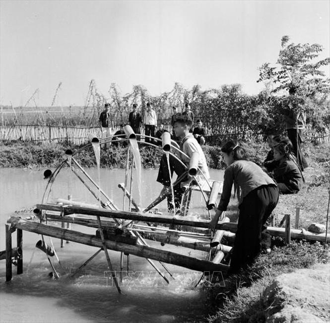  Với sự hướng dẫn của giáo viên, học sinh Bắc Lý đã chế tạo thành công chiếc guồng nước cải tiến dùng ở đồng bằng, với 1 người đạp nhẹ có thể đưa nước lên cao 2m, năng suất bằng 4 người tát gầu (1960). Ảnh: Văn Lượng - TTXVN
