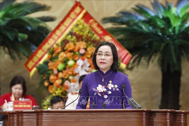 Ủy viên Trung ương Đảng, Phó Chủ tịch Quốc hội Nguyễn Thị Thanh phát biểu báo cáo công tác phối hợp giữa Quốc hội và Mặt trận Tổ quốc Việt Nam. Ảnh: Doãn Tấn - TTXVN