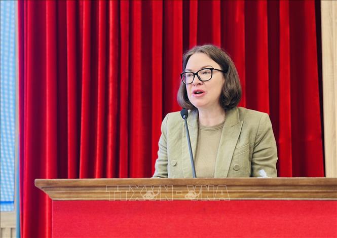 Bà Deirdre Ní Fhallúin, Đại sứ Ireland tại Việt Nam phát biểu tại tọa đàm. Ảnh: Việt Đức - TTXVN