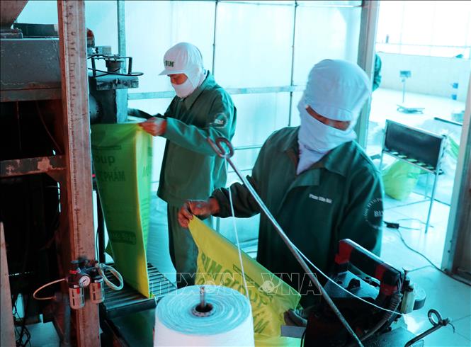 Công nhân nhà máy thuộc Công ty Cổ phần sản xuất và chế biến muối BIM (ở xã Thuận Nam) đóng bao muối I-ốt thành phẩm sau khi chế biến. Ảnh: Công Thử - TTXVN