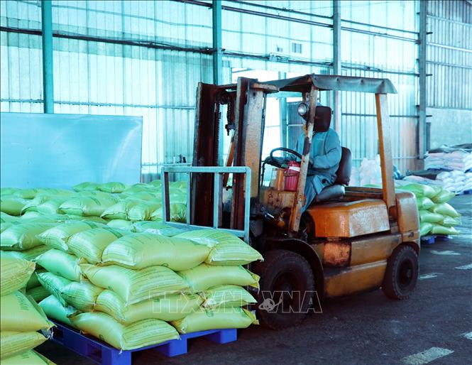 Muối I-ốt thành phẩm của Công ty Cổ phần sản xuất và chế biến muối BIM (ở xã Thuận Nam) được vận chuyển đưa ra thị trường tiêu thụ. Ảnh: Công Thử - TTXVN