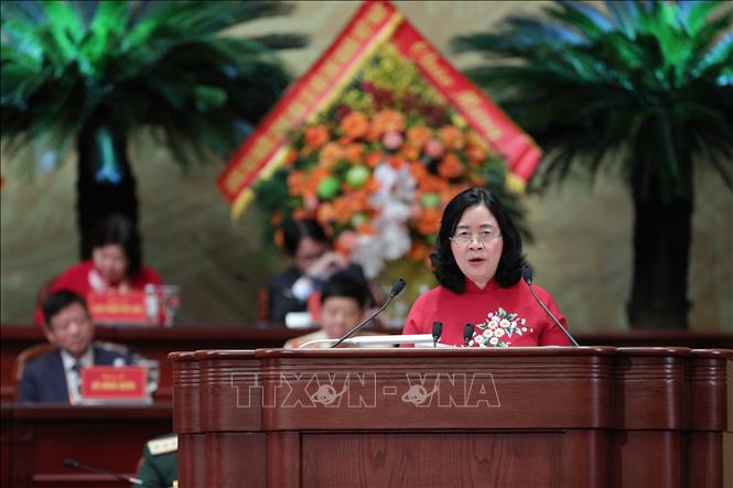 Đồng chí Bùi Thị Minh Hoài, Ủy viên Bộ Chính trị, Bí thư Trung ương Đảng, Chủ tịch Ủy ban Trung ương Mặt trận Tổ quốc Việt Nam điều hành hiệp thương cử Ủy ban Trung ương Mặt trận Tổ quốc Việt Nam khóa XI, nhiệm kỳ 2026 - 2031. Ảnh: Minh Đức - TTXVN