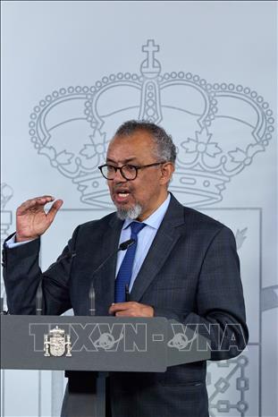 Tổng Giám đốc WHO Tedros Adhanom Ghebreyesus phát biểu trong cuộc họp báo tại Madrid, Tây Ban Nha ngày 12/5/2026. Ảnh: THX/TTXVN