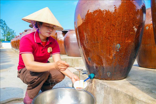 Công nhân kiểm tra chất lượng nước mắm sau quá trình ủ chượp. Ảnh: Hữu Quyết - TTXVN