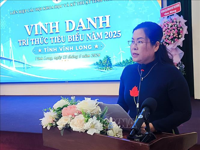 Trưởng ban Tuyên giáo và Dân vận Tỉnh ủy Vĩnh Long Nguyễn Thị Minh Trang phát biểu tại Hội thảo. Ảnh: Huỳnh Phúc Hậu - TTXVN