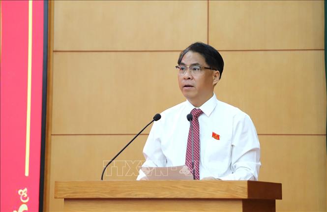 Bí thư Tỉnh uỷ, Chủ tịch Hội đồng nhân dân tỉnh Cao Bằng Phan Thăng An phát biểu. Ảnh: Chu Hiệu-TTXVN