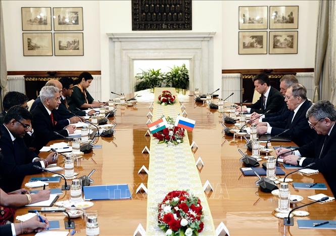 Ngoại trưởng Ấn Độ S. Jaishankar và Ngoại trưởng Nga Sergey Lavrov tại cuộc hội đàm ở New Delhi, ngày 13/5/2026. Ảnh: ANI/TTXVN