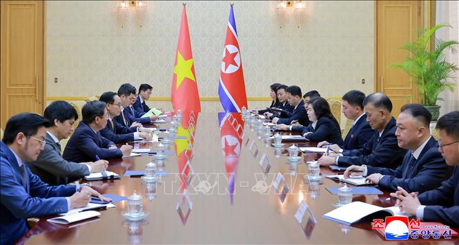 Bộ trưởng Ngoại giao Lê Hoài Trung (thứ 4, trái) hội đàm với Bộ trưởng Ngoại giao Triều Tiên Choe Son-hui (thứ 5, phải). Ảnh: Yonhap/TTXVN