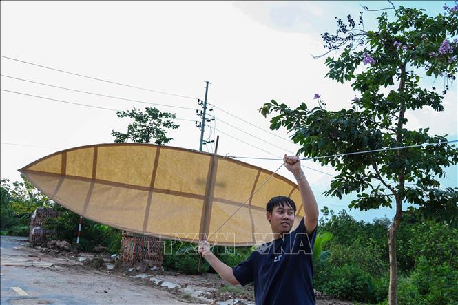 Mỗi cánh diều sau khi hoàn thiện đều được mang ra đồng thử nghiệm kỹ lưỡng để kiểm tra độ cân bằng, khả năng bắt gió và âm thanh của sáo trước khi đưa vào sử dụng. Ảnh: Lê Ngọc/TTXVN phát