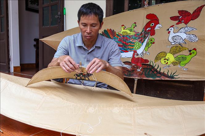 Điểm đặc biệt của diều sáo Bá Dương Nội là cánh diều truyền thống không có đuôi, đòi hỏi người làm phải tính toán kỹ tỷ lệ khung, độ cong và sức nâng để diều có thể giữ thăng bằng khi bay. Ảnh: Lê Ngọc/TTXVN phát
