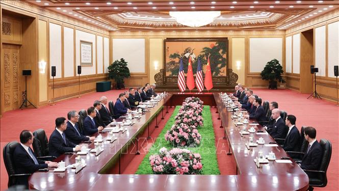 Chủ tịch Trung Quốc Tập Cận Bình và Tổng thống Mỹ Donald Trump tại cuộc hội đàm ở Bắc Kinh ngày 14/5/2026. Ảnh: THX/TTXVN