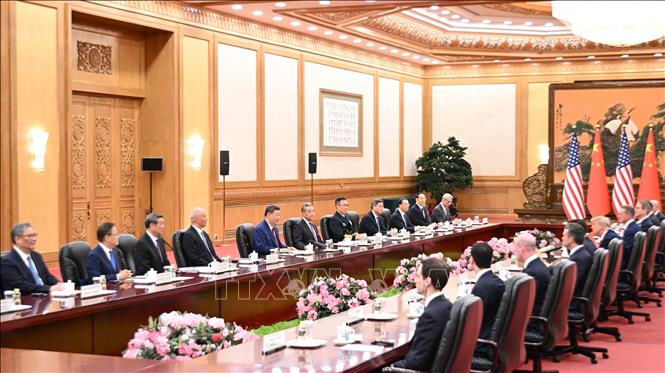 Cuộc hội đàm giữa Chủ tịch Trung Quốc Tập Cận Bình và Tổng thống Mỹ Donald Trump tại Bắc Kinh ngày 14/5/2026. Ảnh: THX/TTXVN