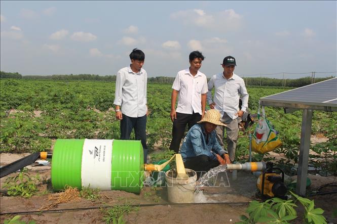 Nông dân tỉnh Tây Ninh ứng dụng hệ thống điện năng lượng mặt trời và công nghệ tưới tiên tiến để tưới nước cho đồng sắn. Ảnh: Thanh Tân - TTXVN