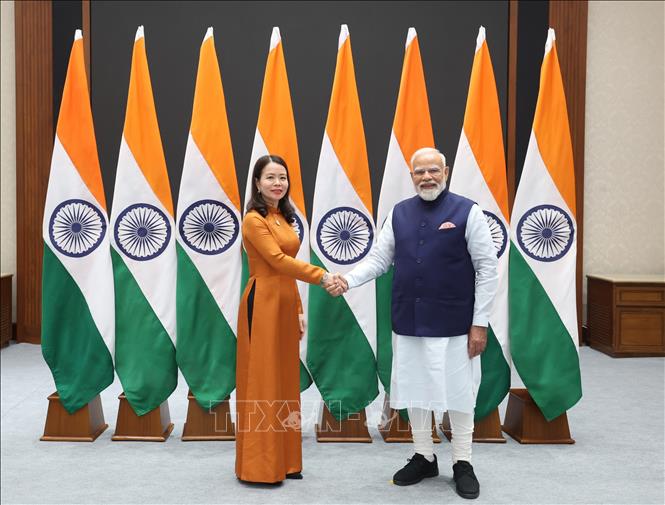 Thứ trưởng Bộ Ngoại giao Việt Nam Nguyễn Minh Hằng chào xã giao Thủ tướng Ấn Độ Narendra Modi. Ảnh: Quang Trung - PV TTXVN tại Ấn Độ