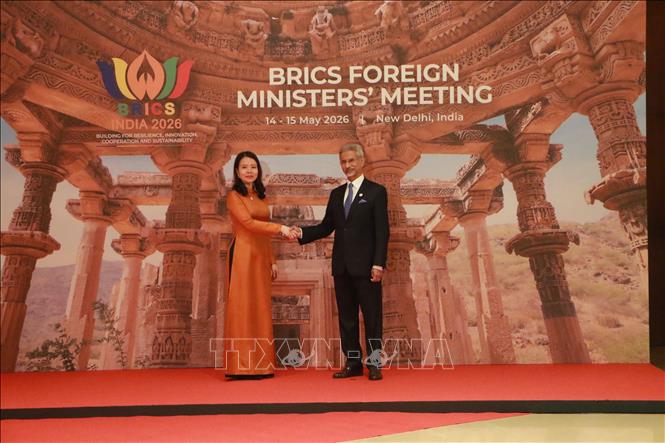 Thứ trưởng Bộ Ngoại giao Việt Nam Nguyễn Minh Hằng bắt tay Bộ trưởng Ngoại giao Ấn Độ Subrahmanyam Jaishankar. Ảnh: Quang Trung - PV TTXVN tại Ấn Độ