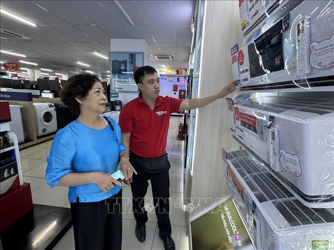Đa dạng các mẫu điều hòa được bày bán để phục vụ nhu cầu của người tiêu dùng. Ảnh: Quốc Lũy - TTXVN