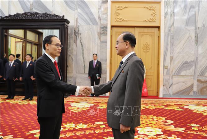 Chủ tịch Ủy ban thường vụ Hội nghị nhân dân tối cao kiêm Chủ tịch Hội nghị nhân dân tối cao Triều Tiên Cho Yong Won chào đón đồng chí Lê Hoài Trung. Ảnh: Đỗ Sinh – PV TTXVN