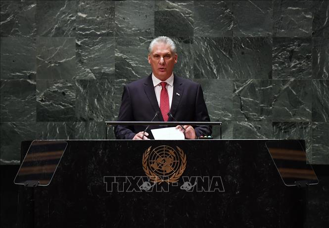 Chủ tịch Cuba Miguel Diaz-Canel phát biểu tại Khóa họp của Hội đồng Bảo an LHQ ở New York, Mỹ. Ảnh: THX/TTXVN