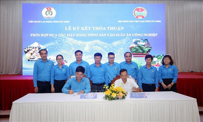 Lễ Ký kết thỏa thuận phối hợp đưa các mặt hàng nông sản vào suất ăn công nghiệp giữa Liên đoàn Lao động và Hội Nông dân tỉnh Tây Ninh. Ảnh: Giang Phương – TTXVN