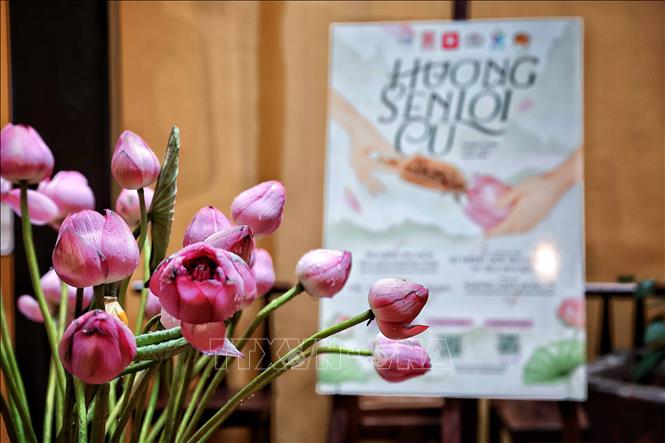 Không gian giới thiệu sự kiện “Hương sen lối cũ - Mùa 3” với hình ảnh sen Tây Hồ - biểu tượng của nét thanh tao trong văn hóa Hà Nội. Ảnh: Phạm Tuấn Anh - TTXVN