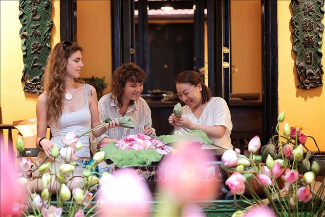 Chị Cù Thị Thu Thuỷ, chủ nhiệm câu lạc bộ Tinh hoa nghề Việt hướng dẫn du khách nước ngoài trải nghiệm tự tay gói trà trong búp sen tại workshop “Hương sen lối cũ – Mùa 3”. Ảnh: Phạm Tuấn Anh - TTXVN