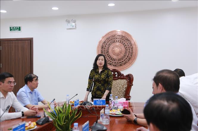 Bộ trưởng Y tế Đào Hồng Lan làm việc với lãnh đạo Bệnh viện Ung bướu Nghệ An. Ảnh:Trịnh Duy Hưng - TTXVN