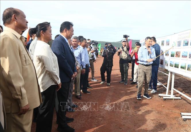 Ông It Nop - Giám đốc điều hành Công ty Đầu tư trồng cọ dầu Mong Reththy Campuchia - giới thiệu về dự án tái canh hơn 1 triệu cây cọ tại đồn điền của công ty trong 11 năm, từ 2026-2036. Ảnh: Huỳnh Thảo - PV TTXVN tại Campuchia 
